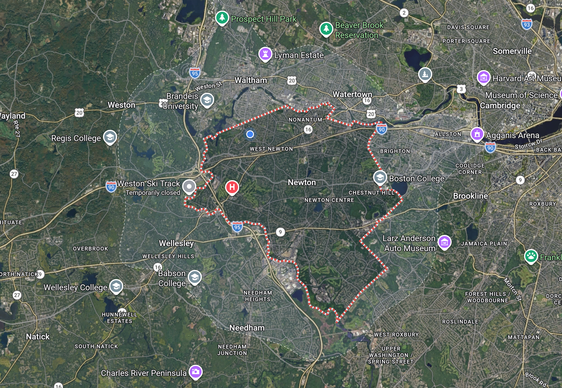 Map showing Euro Detailing service coverage around Newton, Massachusetts